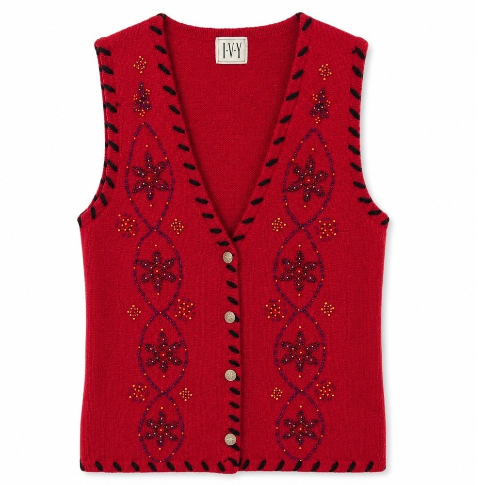 VTG Sz M Tunic Cardigan Sweater Vest  Silk Blend Beaded V-Neck Red Cottagecore